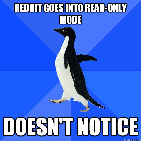Reddit Goes into read-only mode doesn't notice  Socially Awkward Penguin