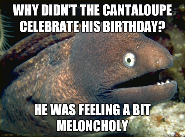 Why didn't the cantaloupe celebrate his birthday? He was feeling a bit meloncholy - Why didn't the cantaloupe celebrate his birthday? He was feeling a bit meloncholy  Bad Joke Eel