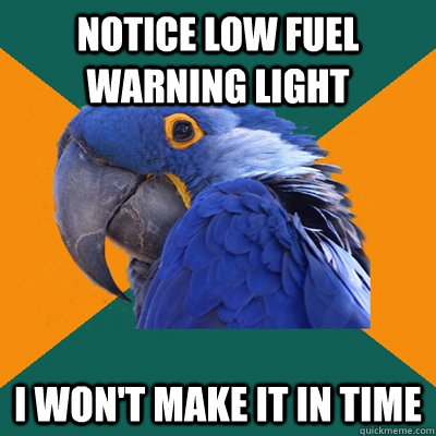 Notice low fuel warning light I won't make it in time  Paranoid Parrot