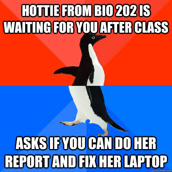 hottie from bio 202 is waiting for you after class asks if you can do her report and fix her laptop  Socially Awesome Awkward Penguin