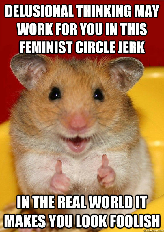 delusional thinking may work for you in this feminist circle jerk in the real world it makes you look foolish   Rationalization Hamster