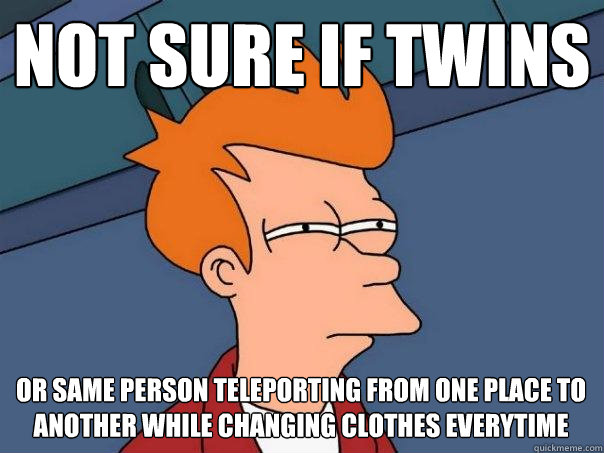 Not sure if twins or same person teleporting from one place to another while changing clothes everytime   Futurama Fry