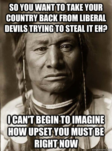 So you want to take your country back from liberal devils trying to steal it eh? I can't begin to imagine how upset you must be right now  Unimpressed American Indian