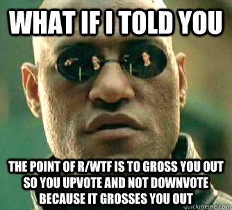 what if i told you the point of r/wtf is to gross you out so you upvote and not downvote because it grosses you out  Matrix Morpheus