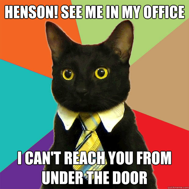 Henson! See me in my office I can't reach you from under the door  Business Cat