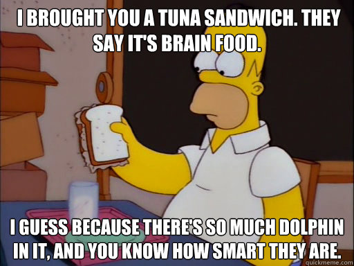  I brought you a tuna sandwich. They say it's brain food.  I guess because there's so much dolphin in it, and you know how smart they are. -  I brought you a tuna sandwich. They say it's brain food.  I guess because there's so much dolphin in it, and you know how smart they are.  brain food