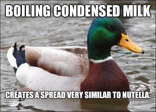 Boiling Condensed Milk  creates a spread very similar to nutella.
  Actual Advice Mallard