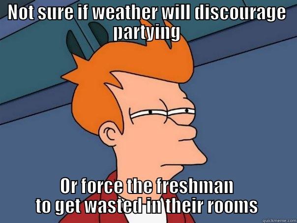 NOT SURE IF WEATHER WILL DISCOURAGE PARTYING OR FORCE THE FRESHMAN TO GET WASTED IN THEIR ROOMS Futurama Fry