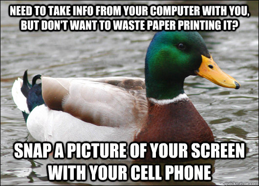 need to take info from your computer with you, but don't want to waste paper printing it? Snap a picture of your screen with your cell phone  Actual Advice Mallard