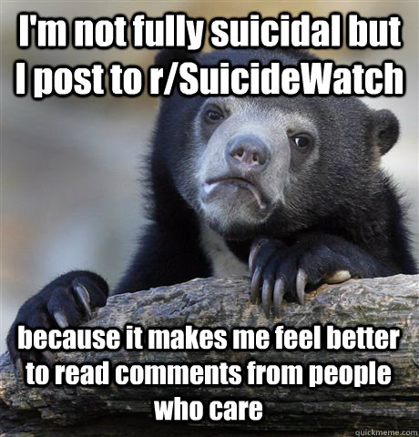 I'm not fully suicidal but I post to r/SuicideWatch because it makes me feel better to read comments from people who care  Confession Bear