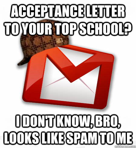 Acceptance letter to your top school? I don't know, bro, looks like spam to me  