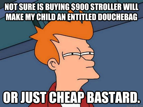 Not sure is buying $900 stroller will make my child an entitled douchebag Or just cheap bastard.  Futurama Fry