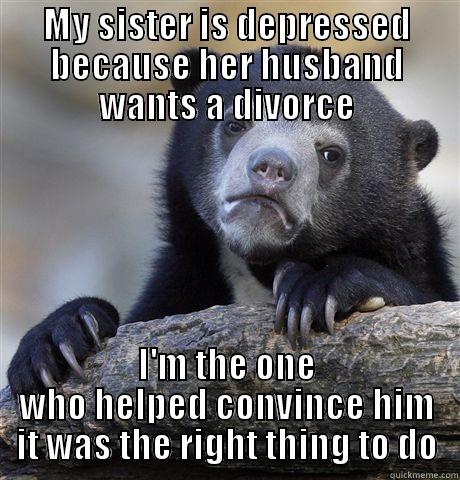 MY SISTER IS DEPRESSED BECAUSE HER HUSBAND WANTS A DIVORCE I'M THE ONE WHO HELPED CONVINCE HIM IT WAS THE RIGHT THING TO DO Confession Bear