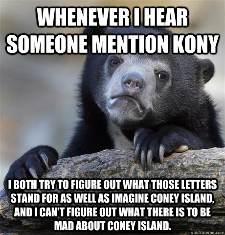 Whenever I hear someone mention KONY I both try to figure out what those letters stand for as well as imagine Coney Island, and I can't figure out what there is to be mad about COney Island.  Confession Bear