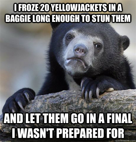 I froze 20 yellowjackets in a baggie long enough to stun them and let them go in a final I wasn't prepared for  Confession Bear
