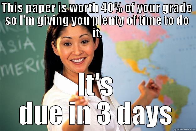 Time to do paper - THIS PAPER IS WORTH 40% OF YOUR GRADE SO I'M GIVING YOU PLENTY OF TIME TO DO IT. IT'S DUE IN 3 DAYS Unhelpful High School Teacher