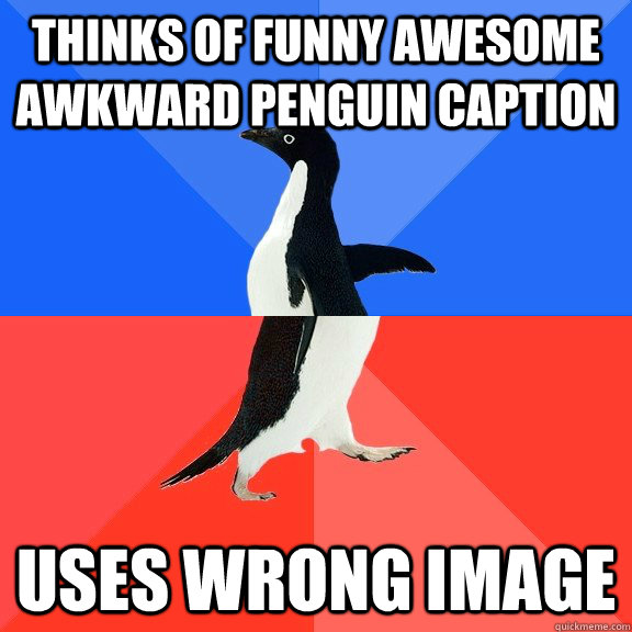 Thinks of funny awesome awkward penguin caption uses wrong image  Socially Awkward Awesome Penguin