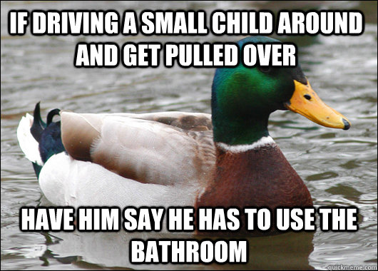 If driving a small child around and get pulled over have him say he has to use the bathroom  Actual Advice Mallard