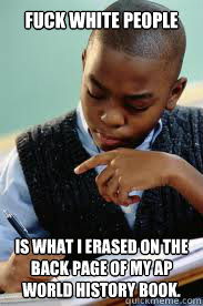 Fuck white people is what i erased on the back page of my AP world history book.  Succesful Black Mans son