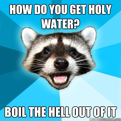 How do you get holy water? boil the hell out of it   Lame Pun Raccoon