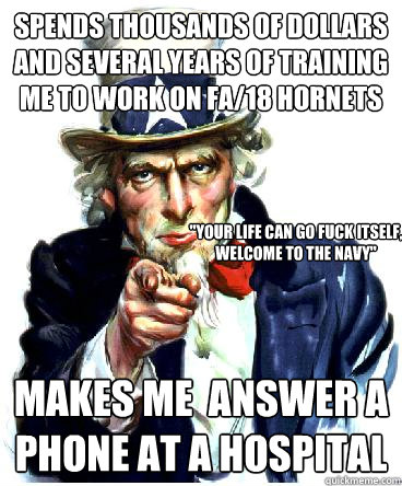 spends thousands of dollars and several years of training me to work on fa/18 hornets makes me  answer a phone at a hospital 