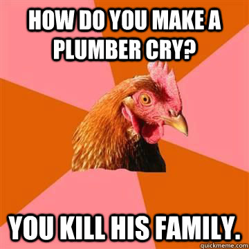 How do you make a plumber cry? You kill his family.  True story now anti joke chicken