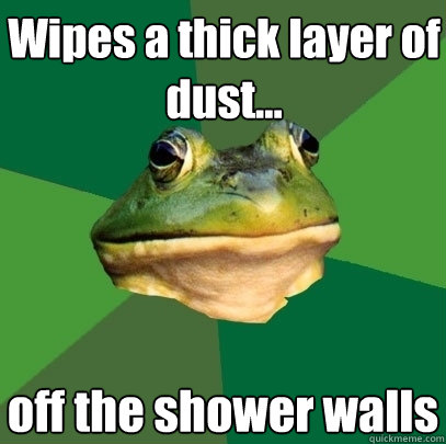 Wipes a thick layer of dust... off the shower walls  Foul Bachelor Frog