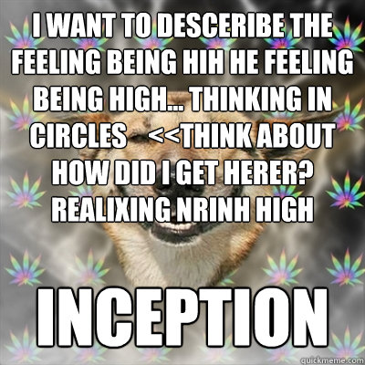 i want to desceribe the feeling being hih he feeling being high... thinking in circles    <<think about how did i get herer? REALIXING NRINH HIGH inception  Stoner Dog