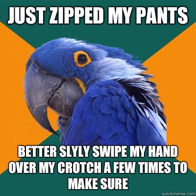 Just zipped my pants Better slyly swipe my hand over my crotch a few times to make sure  Paranoid Parrot