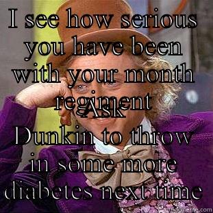 I SEE HOW SERIOUS YOU HAVE BEEN WITH YOUR MONTH REGIMENT ASK DUNKIN TO THROW IN SOME MORE DIABETES NEXT TIME Condescending Wonka