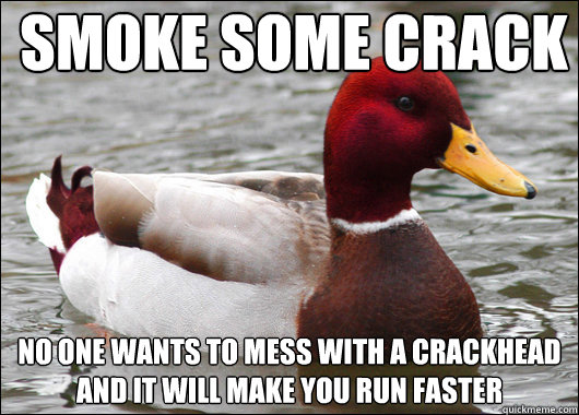 smoke some crack no one wants to mess with a crackhead and it will make you run faster  Malicious Advice Mallard