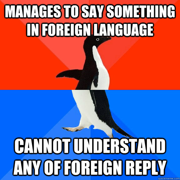 manages to say something in foreign language cannot understand any of foreign reply  Socially Awesome Awkward Penguin
