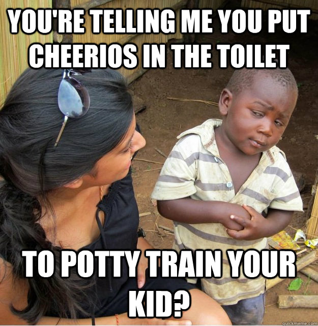 You're telling me you put Cheerios in the toilet to potty train your kid?  Skeptical Third World Kid