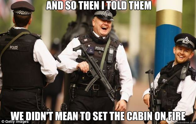 and so then i told them we didn't mean to set the cabin on fire  