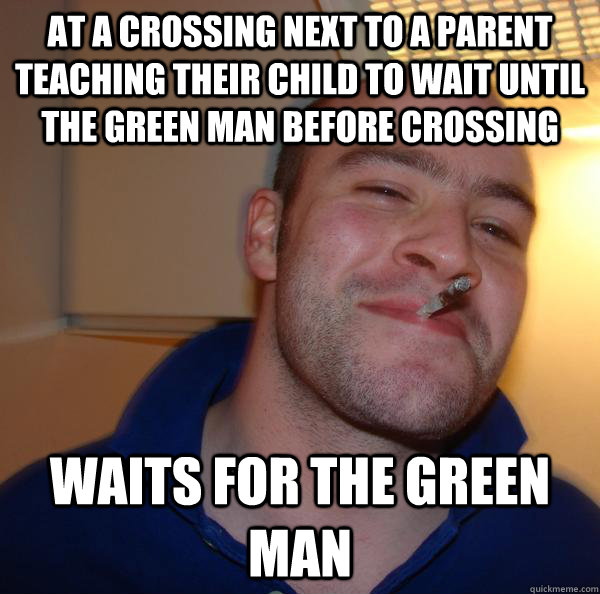 at a crossing next to a parent teaching their child to wait until the green man before crossing waits for the green man - at a crossing next to a parent teaching their child to wait until the green man before crossing waits for the green man  Misc
