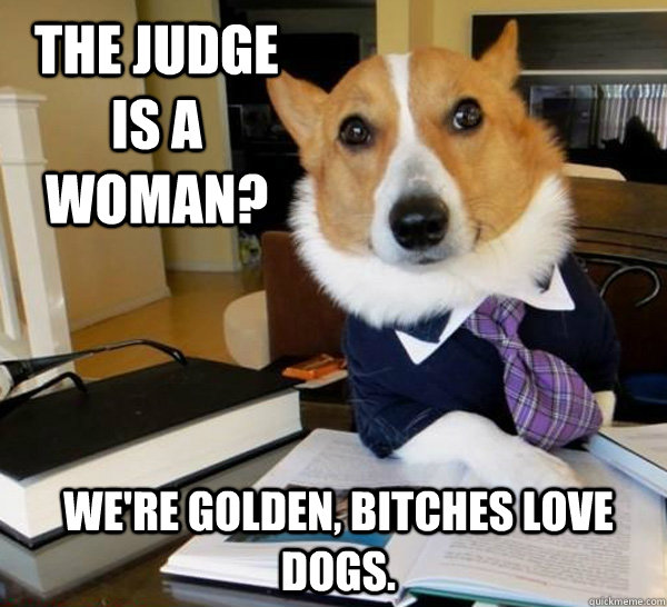 The judge is a woman? we're golden, bitches love dogs.   Lawyer Dog