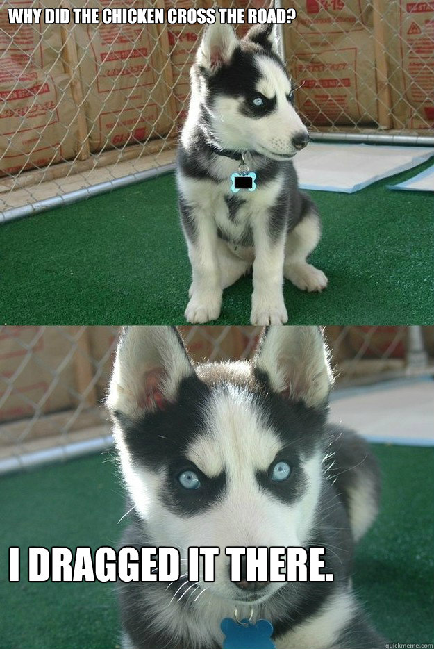 Why did the chicken cross the road? I dragged it there.  Insanity puppy