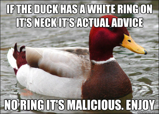 if the duck has a white ring on it's neck it's actual advice
 no ring it's malicious. enjoy  Malicious Advice Mallard
