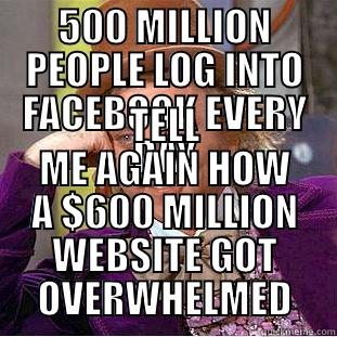 500 MILLION PEOPLE LOG INTO FACEBOOK EVERY DAY TELL ME AGAIN HOW A $600 MILLION WEBSITE GOT OVERWHELMED Condescending Wonka