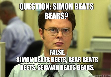 Question: Simon beats bears?  FALSE.  
Simon beats beets, bear beats beets, Serwah beats bears. 
  Schrute