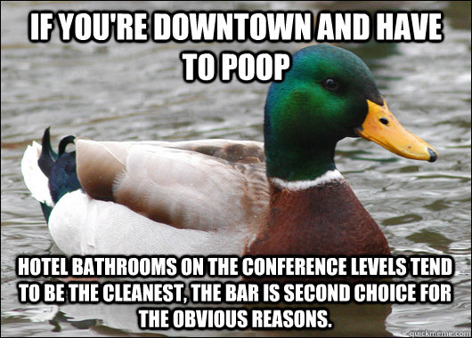 If you're downtown and have to poop hotel bathrooms on the conference levels tend to be the cleanest, the bar is second choice for the obvious reasons.  Actual Advice Mallard