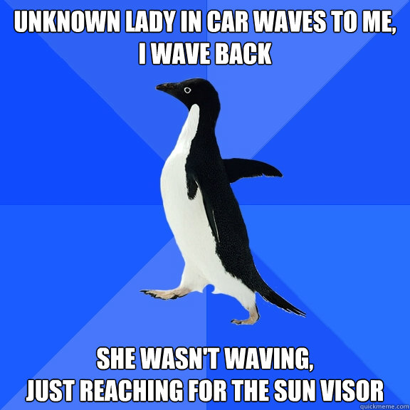 unknown lady in car waves to me,
I wave back she wasn't waving,
just reaching for the sun visor  Socially Awkward Penguin