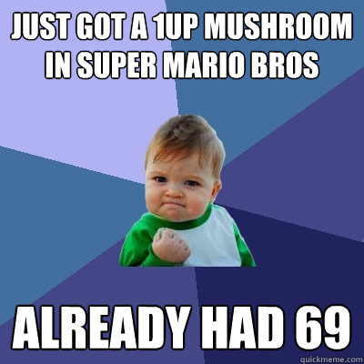 Just got a 1up mushroom in super mario bros already had 69  Success Kid