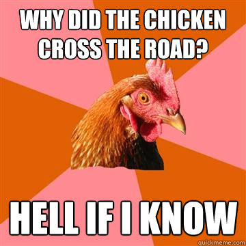 Why did the chicken cross the road? hell if i know  Anti-Joke Chicken