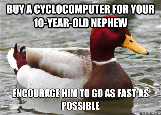 Buy a cyclocomputer for your 10-year-old nephew Encourage him to go as fast as possible  Malicious Advice Mallard