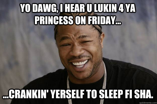 YO DAWG, I HEAR u LUKIN 4 Ya PRINCESS ON FRIDAY... ...crankin' yerself to sleep fi sha.  Xzibit meme