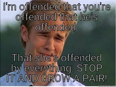Grow a pair - I'M OFFENDED THAT YOU'RE OFFENDED THAT HE'S OFFENDED  THAT SHE'S OFFENDED BY EVERYTHING. STOP IT AND GROW A PAIR! 1990s Problems