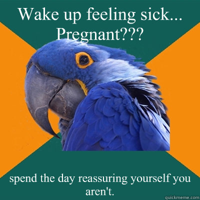 Wake up feeling sick... Pregnant??? spend the day reassuring yourself you aren't.  Paranoid Parrot