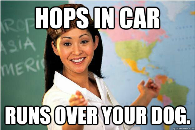 Hops in car Runs over your dog.  Unhelpful High School Teacher