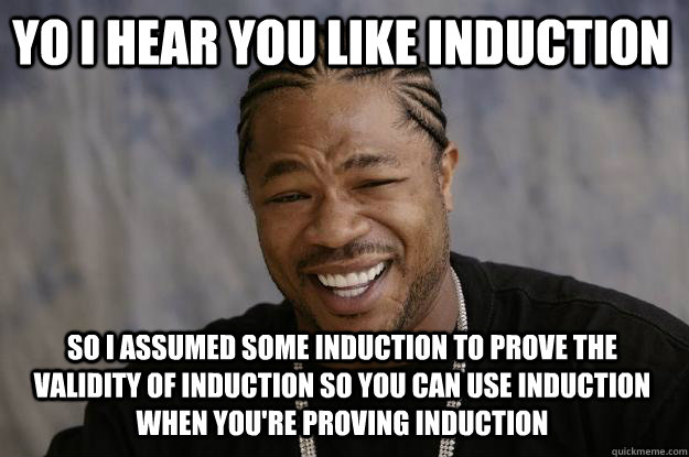 Yo I hear you like induction So I assumed some induction to prove the validity of induction so you can use induction when you're proving induction - Yo I hear you like induction So I assumed some induction to prove the validity of induction so you can use induction when you're proving induction  Xzibit meme